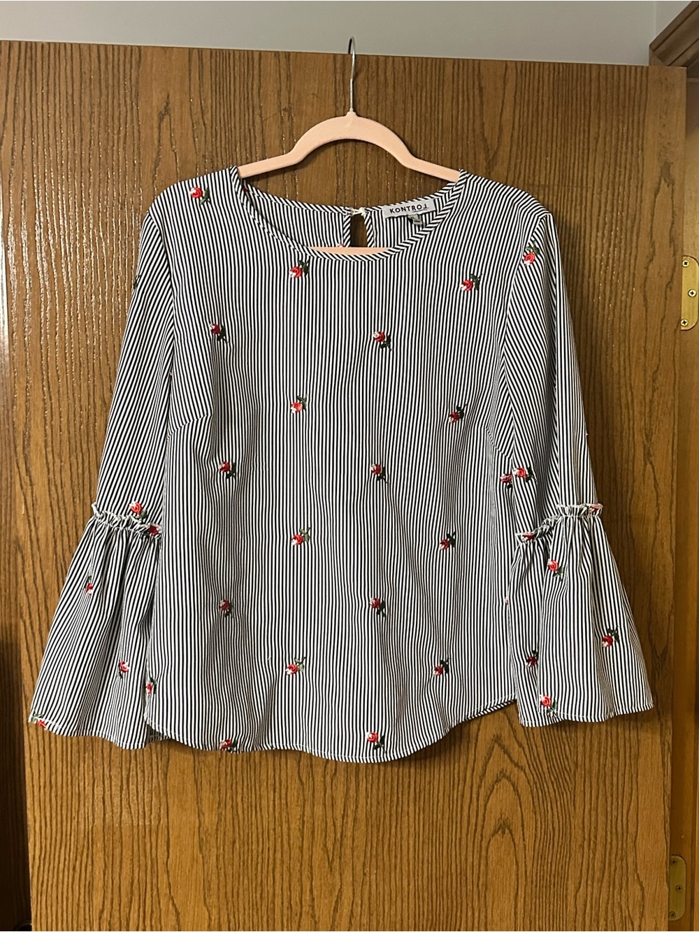Kontrol Striped Bell-Sleeve Top with Red Floral Embroidery - Picture 3 of 3